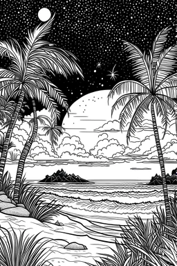 moonlit beach with starlit palm trees, in black and white with distinct lines, perfect for an adult coloring book, contour, vector, clean line art, isolated on a white canvas