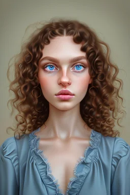 Portrait of beautiful grown woman with long brown curly hair, light pink cheeks and dark blue eyes