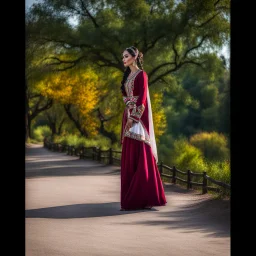 azeri female full bdy with traditional dance clothing park trees