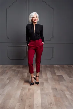 full body of very beautiful lady wearing pants and jacket,white gray hair ,standing idle happy pose in studio pretty makeup