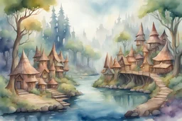 fantasy watercolor painting of an elf village with buildings made from trees. Forest background along a riverbank with a small dock.