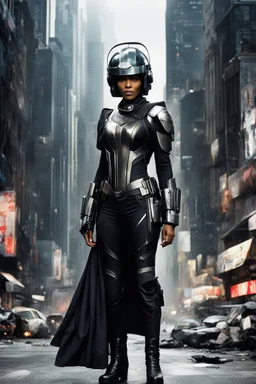 The streets of Mega City One were alive with the constant hum of activity, but in the midst of the chaos, a figure stood tall and resolute. Halle Berry, part of the judges' team, commanded attention as she surveyed the sprawling metropolis. The helmet, a symbol of authority and unwavering justice, rested firmly on Berry's head, obscuring her features but amplifying the aura of power that surrounded her. The citizens of Mega City One couldn't help but be drawn to her presence, instinc