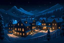 A winter night scene in a mountainous area, where modern houses are blanketed in snow. The warm lights from the windows make the inside feel cozy. This is different from the cold, blue snow outside. The dark night sky and surroundings make the houses' lights stand out. You can tell people are around because of the lights and the paths in the snow.