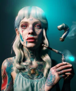 Ultra realistic wonderland photo, happy blonde woman smoking a pipe, old school tattoo, white rabbits, blue circus dress style, smoke, marijuana garden, glow eyes, perfect iris, party people, soft color, highly detailed, unreal engine 5, ray tracing, RTX, lumen lighting, ultra detail, volumetric lighting, high definition.