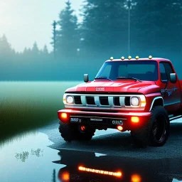 redshift style, photorealistic shot, Toy R C truck, cool color palette, vivid, sharp focus, puddle reflection, refraction, mist on the horizon, overcast, detailed and intricate, intense cinematic composition