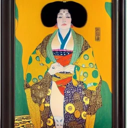 Retrato de cuerpo entero una Gheisha vestida con kimono muy guapa y voluptuosa con el estilo de Gustav Klimt