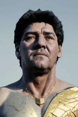 Ultra Realistic image, classic sculpture, white marble material, Maradona, gold crown of natural thorns, god crown, gold veins, gold ornaments, sun rays background, waist up portrait, epic, celestial, cinematic lighting, God lights, 4k resolution, smooth details, soft lighting, unreal engine 5, art station, substance 3d.