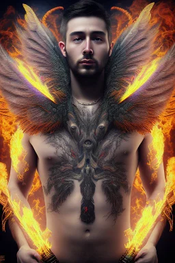 a surreal collage in ultra-realistic 8K quality depicting a tired and stressed man as the central focus, he is half naked and covered with trendy tattoos, huge black wings behind him, surrounded by an explosive array of distant smoke, ghostly figures, Barb wire and black feathers seamlessly coming together to form a unique display. Incorporate thick impasto-style oil paint spots in various areas to enhance the surreal and exceptional nature of the image