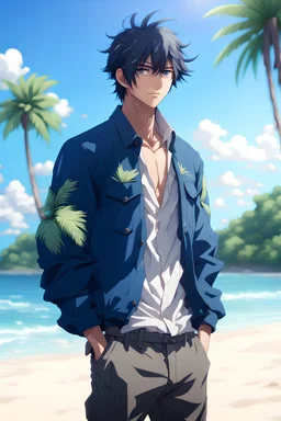 [Waterscape] The beautiful and perfect portrait is on the tropical island, in springtime, anime, a casual, male character with a jacket and pants on the beach for the magazine, 8K resolution, high quality, ultra graphics, and power lines.