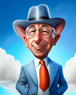 Cartoon of expresident Alvaro Uribe Vélez full body big white hat 4k with shirt pants and shoes rat ears rat nose circular glasses grotesco light blue sky