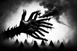 A black hand made out of black smoke violently gripping a human heart, squeezing all blood out of it, foggy, surreal