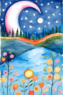 water color. moon. folk art painting. illustration. vector