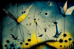 Winged fairies in a Million Dandelion dreamscape, making wishes , Salvador Dali collaboration Paul Klee and Tim Burton, Picasso's integrated flowing composition, colorized brooding grayscale balanced by many bright colorful details