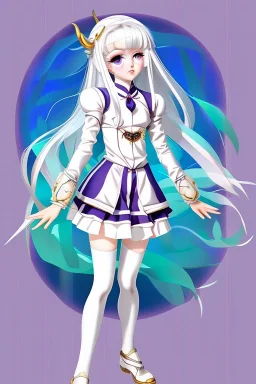 The girl should be a young and energetic anime lady, with light-colored hair (such as blonde or silver) styled in a playful way. She should have bright and expressive eyes, maybe with a hint of mischief or curiosity. Her outfit can be inspired by the colors and symbols of the Gemini zodiac sign, with a mix of blue, yellow, and white, and some dualistic motifs such as two butterflies, birds, or stars.