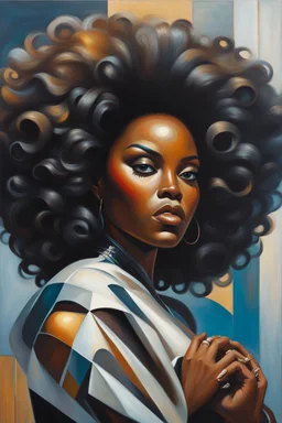 In this futurism oil painting, a stunning black woman is the centerpiece, embodying strength, beauty, and pride. She is depicted bending down gracefully, her body curving elegantly, as she holds her voluminous afro hair in her hands. Her face is adorned with prominent makeup, featuring lush lashes that accentuate her expressive eyes. The canvas is filled with vibrant colors, with the woman's afro hair taking center stage. Each curl is meticulously detailed, with a riot of colors cascading down