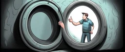 scared man sticks his arm into teleportation device portal for testing, the arm comes out of a hole just beside the portal