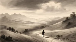 artwork about a lonely man walking meandering countryside hills in the far distance, painted by thomas moran and albert bierstadt. monochrome color scheme.