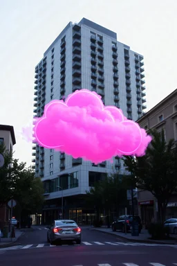 A pink plastic neon cloud floating in the street