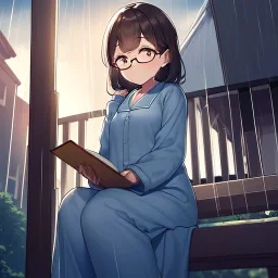 anime girl sitting on a porch swing of an old house, journaling, wearing pajamas, writing in a book, shes watching it rain, more detail on hands and her face,shes deep in her thoughts, wearing glasses, rain drops, she has a pencil in her hand and is writning in the book, she is looking down at what she is writing, lightning