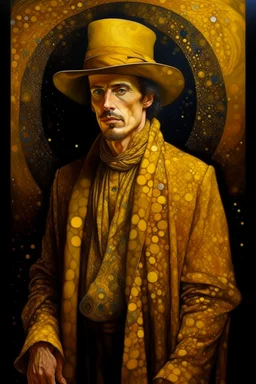 beautiful painting of a extremely handsome man in a golden cape and yellow hat, with multiple eyes on his body in the style of Gustav Klimt. full body portrait features geometric shapes, beautiful colors, golden light, and a dark background. the composition is beautiful, with sharp focus and high resolution.