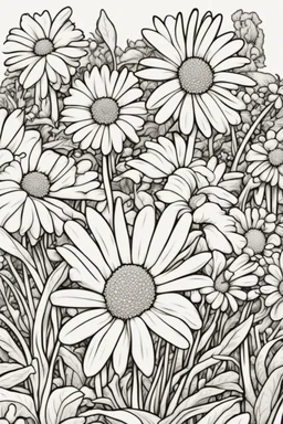 coloring page, garden of daisies, cartoon style, thick lines, low detail, no shading