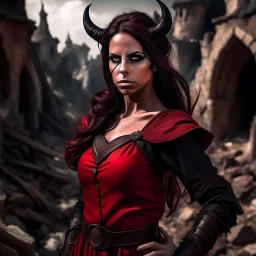 a beautiful tiefling woman with a kind face and dark hair in a sleeveless battle outfit, amidst the ruins of a medieval town destroyed by war, photo quality, the whole scene in dark red colors