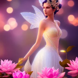 one big crystal subtle lotus in a ambiance with a beautiful fairy, delicate colors, finely tuned detail, ultra high definition, 8 k, unreal engine 5, ultra sharp focus