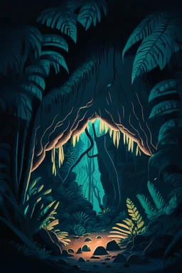 illustration of a strange looking cave in the jungle at night