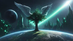 matrix universe, space, planets, god creation, angels from other dimensions with beautiful wings, trees on the planet, behind green crystals of light, few tiberium monolith deposits on the planet near tree,