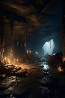 A cave underground supernatural paranormal abandoned desolated ancient monuments candles night nighttime view unreal engine beauty beautiful the render photography sharp sharpness light lightning effects realistic surrealism surrealistic future futuristic fantasy fantastic artificial intelligence ai digital art artistic artwork wallpaper portrait legend legendary imagine imagination epic iconic cool wow artist mysterious aura atmosphere adventure interest