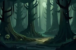 2d game art assets, forest ,moody style, flat art, spooky