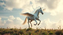 A very beautiful all white horse with wings flying in the cloudy sky above the plant earth