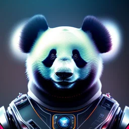 a beautiful full frame portrait digital painting of futuristic panda robot, wide angle view, close-up, macro lens, centered camera, titanium accents, intricate details, small minutiae, tiny features, particulars, colorful, 8k, least ambient occlusion, volumetric lighting, volumetric clouds