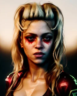 portrait, Shakira, blonde artist, angry, Realistic image, MMA robe, hoodie, mma gloves, band aid, loose long hair, eyes make up, face thunder gold make up, circle iris. moisture sweat, fog, Neon colors, leds. Dark background, photo studio, concept art, smooth, unreal engine 5, god lights, ray tracing, RTX, lumen lighting, ultra detail, volumetric lighting, 3d, finely drawn, high definition, 4k.