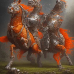 angry horse in orange and blue battle armor, bucking, a highly detailed illustration, background of Inka jungle, realistic render, 8 k, micro detail, intricate, elegant, centered, digital painting, Artstation, smooth, sharp focus, illustration, artgerm, tomasz alen kopera, peter mohrbacher, donato giancola, joseph christian leyendecker, wlop, boris vallejo