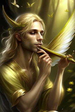 fee, männlich, libellen flügeln, hellblondes, langes Haar, Flöte spielend, lange spitze Ohren, goldene Augen, realistisch
