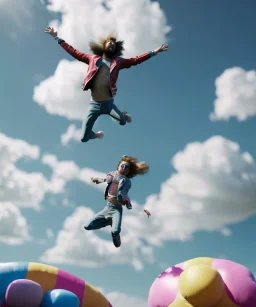 Ultra realistic clouds sky scene, wide angle, sweet childs falling down, man playing guitar, inflatable color clothing, free jumping flying, many trinkets, monster hair, hair monster, many jelly beans, balls, smile, happy, circus style, extreme, wind, clouds sea, 20,000 feet altitude, stratosphere, soft color, highly detailed, unreal engine 5, ray tracing, RTX, lumen lighting, ultra detail, volumetric lighting, 3d, finely drawn, high definition, high resolution.