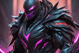 Venom Shredder in 8k solo leveling shadow artstyle, sombra them, close picture, rain, Shredder helmet, neon lights, intricate details, highly detailed, high details, detailed portrait, masterpiece,ultra detailed, ultra quality