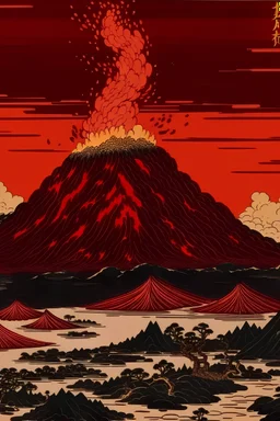 A dark red volcano with chaotic fire painted by Katsushika Hokusai
