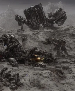 Crashed photorealistic futuristic destroyed mechanical mechwarrior transformer warhammer gundam alien abandoned wreckage in old battlefield blast crater on the lunar surface ancient pyramid temple