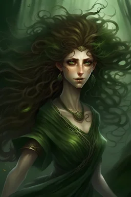 mythological, fairy-tale wood elf, hectic, rushing, dark-green skin, wild & curly hair