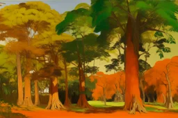 An orange colored clearing with baobab trees painted by Edouard Manet