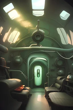 a look from the inside of a whimsical peculiar submarine, hyper realism, photo realism, realistic lighting, realistic color grading