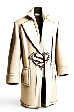 Men's Superman's Zara coat Winter elegant inspired by Superman's emblem design beige tones with dual color on a white background, product catalog photography, soft spot lighting, depth of field, 4k –ar 3:5 –q 2