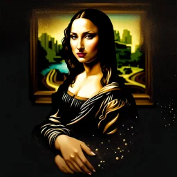 Imagine Mona Lisa as a modern girl, modern suit, tie, tuxedo, lifting effect makeup, nude lips, glitter - glitter, full color eyelids, ultra quality, hyper detailed, pop art, 8k