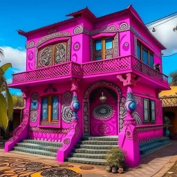 A purplish magenta house with a mystic crystal ball designed in Mehndi design painted by Pablo Picasso