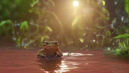 screenshot of a smartphone game, horizontal display, start screen, rear shot of a stylized and happy young brown frog with black stripes in its natural habitat at sunset, plain with wetlands, ravines, river with water hyacinth, ceibos and willows, dragonflies, beetles, dewdrops, melancholic and dreamy atmosphere, digital art