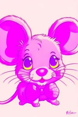 A drawing of a cute pink mouse with one bow on her head