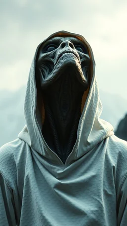 The creature from the the movie Prometheus with white hooded clothes looking to the sky