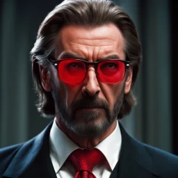 an intimidating and menacing looking Hans Gruber wearing red-tinted glasses